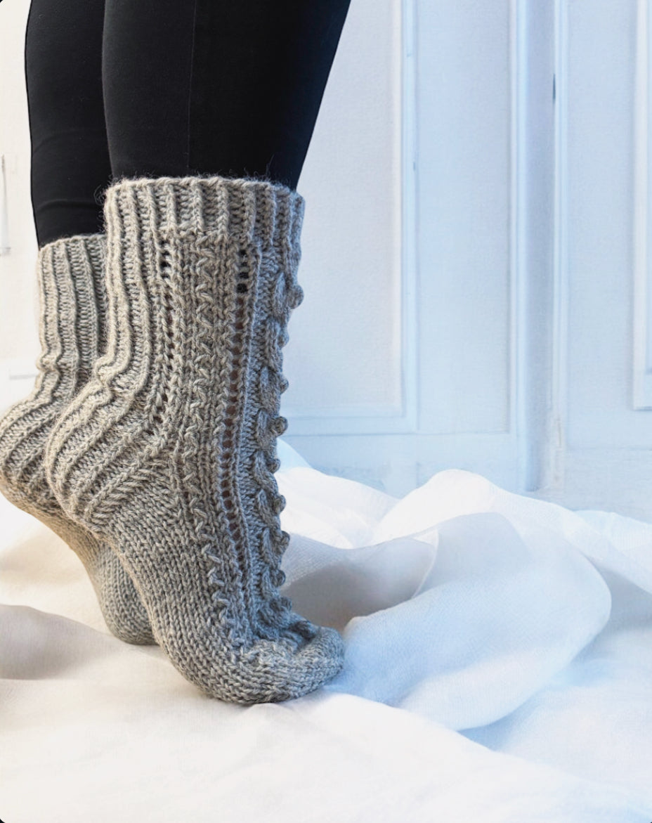 Talvipäivä villasukat. Pitsiä, palmikkoa ja nyppyjä. Neuleohje saatavilla NordicKitty verkkokaupasta.