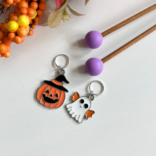 Halloween-setti neulojalle, silmukkamerkki, puikkostoppari